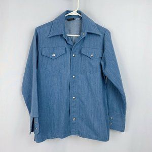 Vintage Big Yank Mens Jean Denim Metal Snap Button Down Shirt Size Small Medium